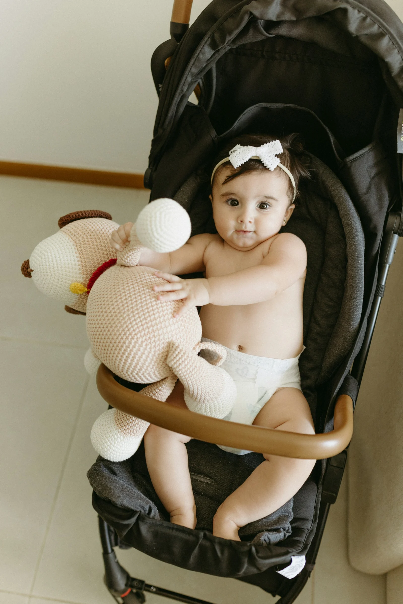 A baby sitting in a stroller holding a stuffed animal；第三方摄影参考